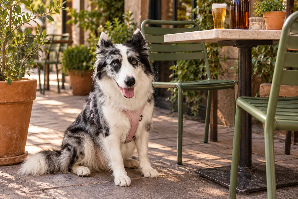 Recreación con IA de Avena, border collie blue merle, en una escena de restaurante para la ficha de 1000 Caguamas.