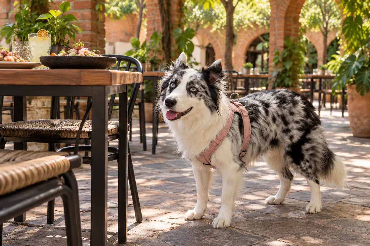 Recreación con IA de Avena, border collie blue merle, en una escena de restaurante para la ficha de 1000 Caguamas.