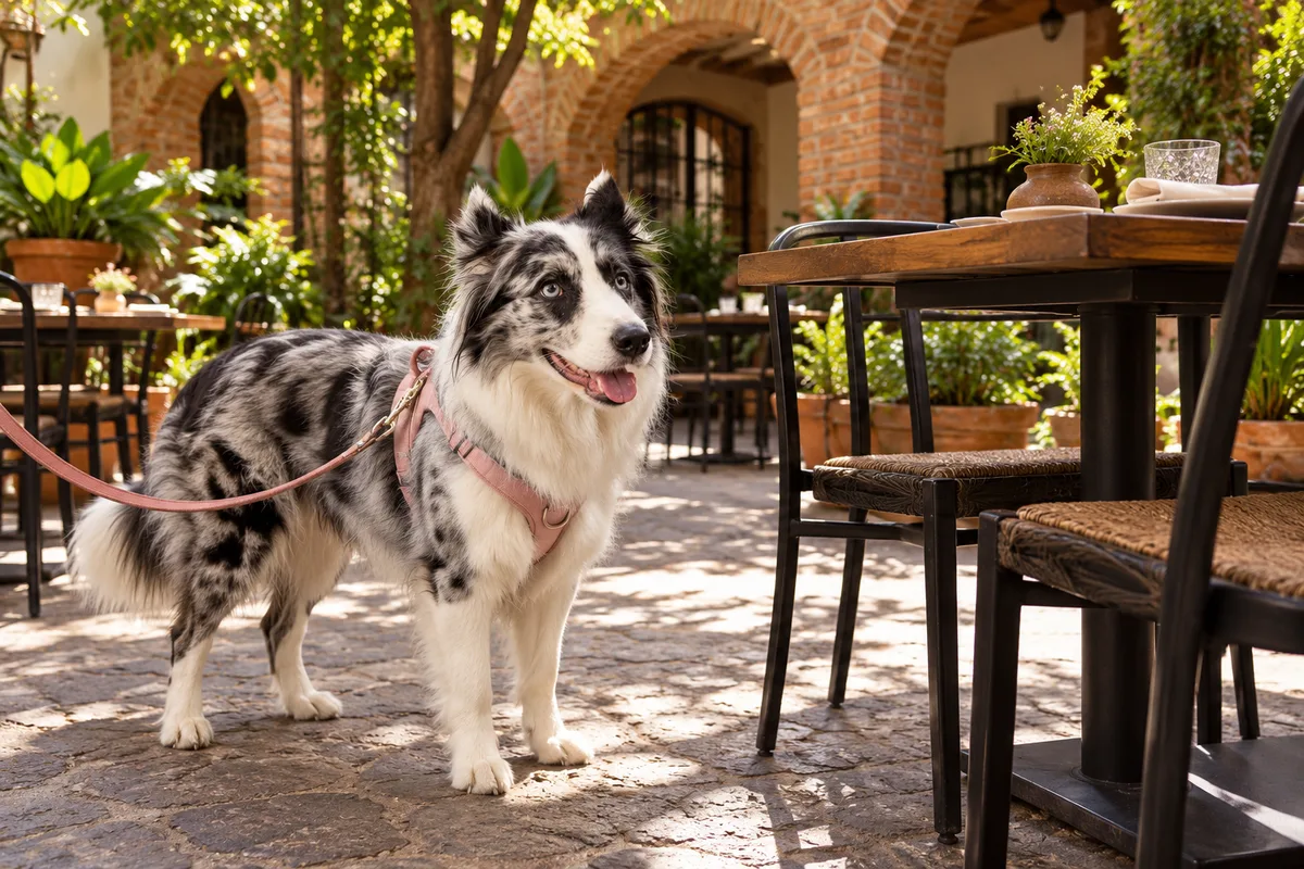 Recreación con IA de Avena, border collie blue merle, en una escena de restaurante para la ficha de 1910 Cocina Mexicana.