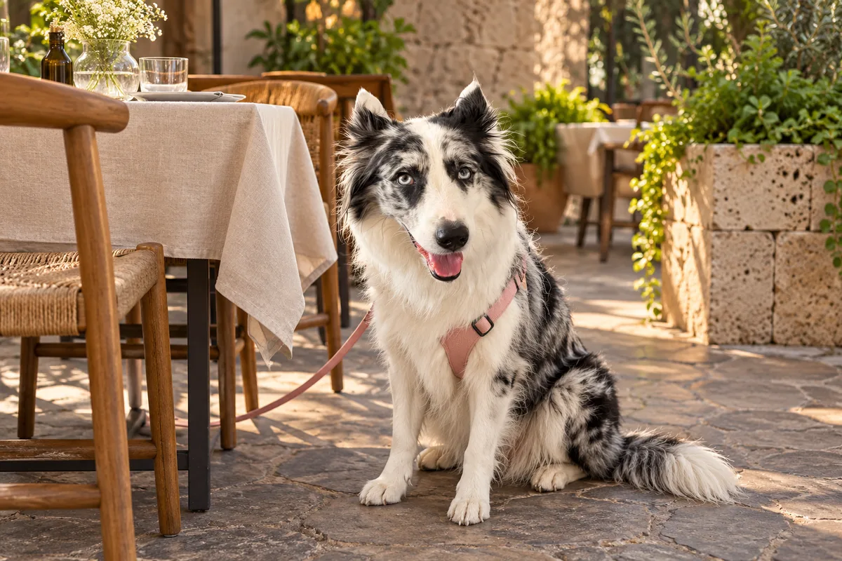 Recreación con IA de Avena, border collie blue merle, en una escena de restaurante para la ficha de 5pm Coffee and Gallery.