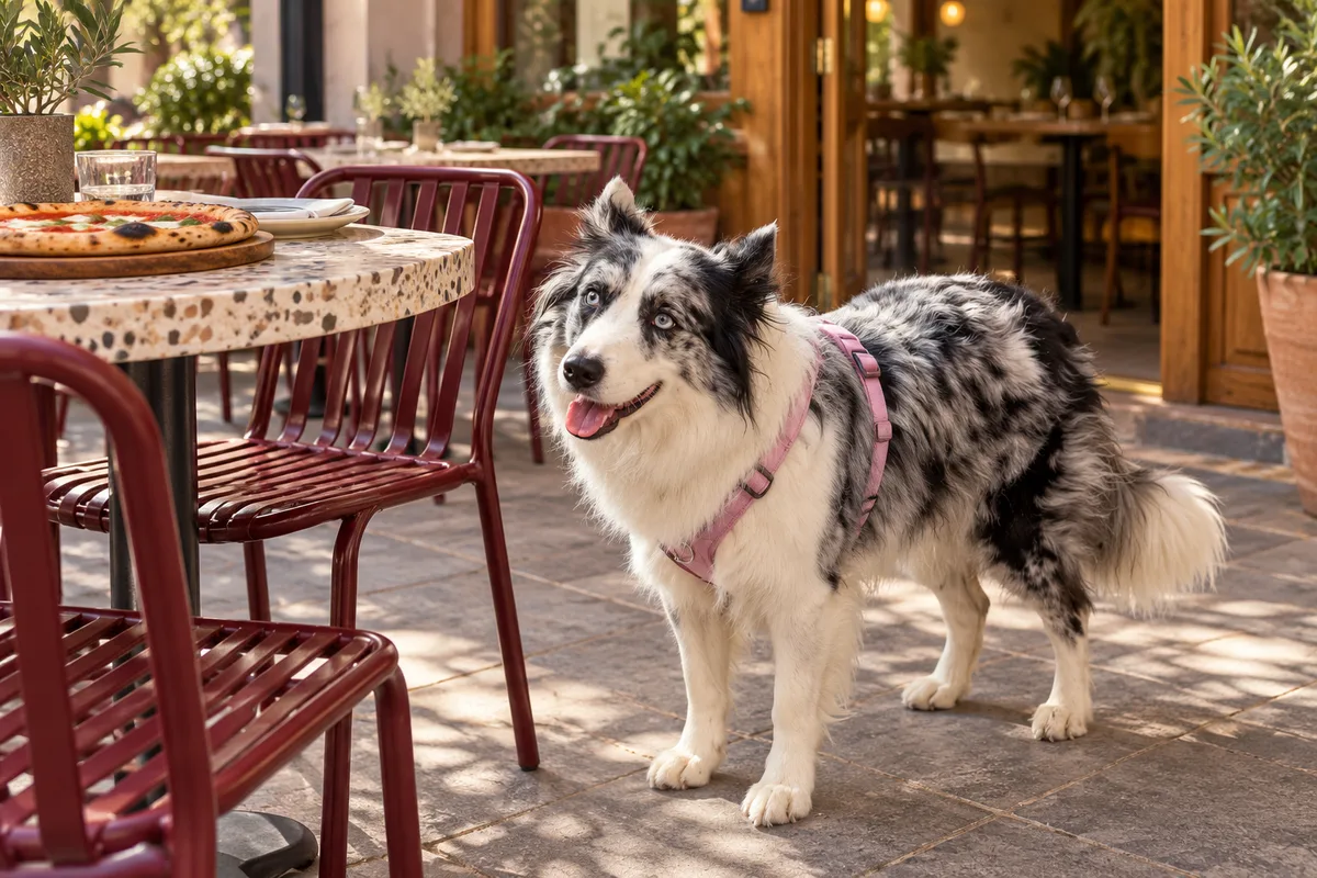 Recreación con IA de Avena, border collie blue merle, en una escena de restaurante para la ficha de Al Toque Pizzería.