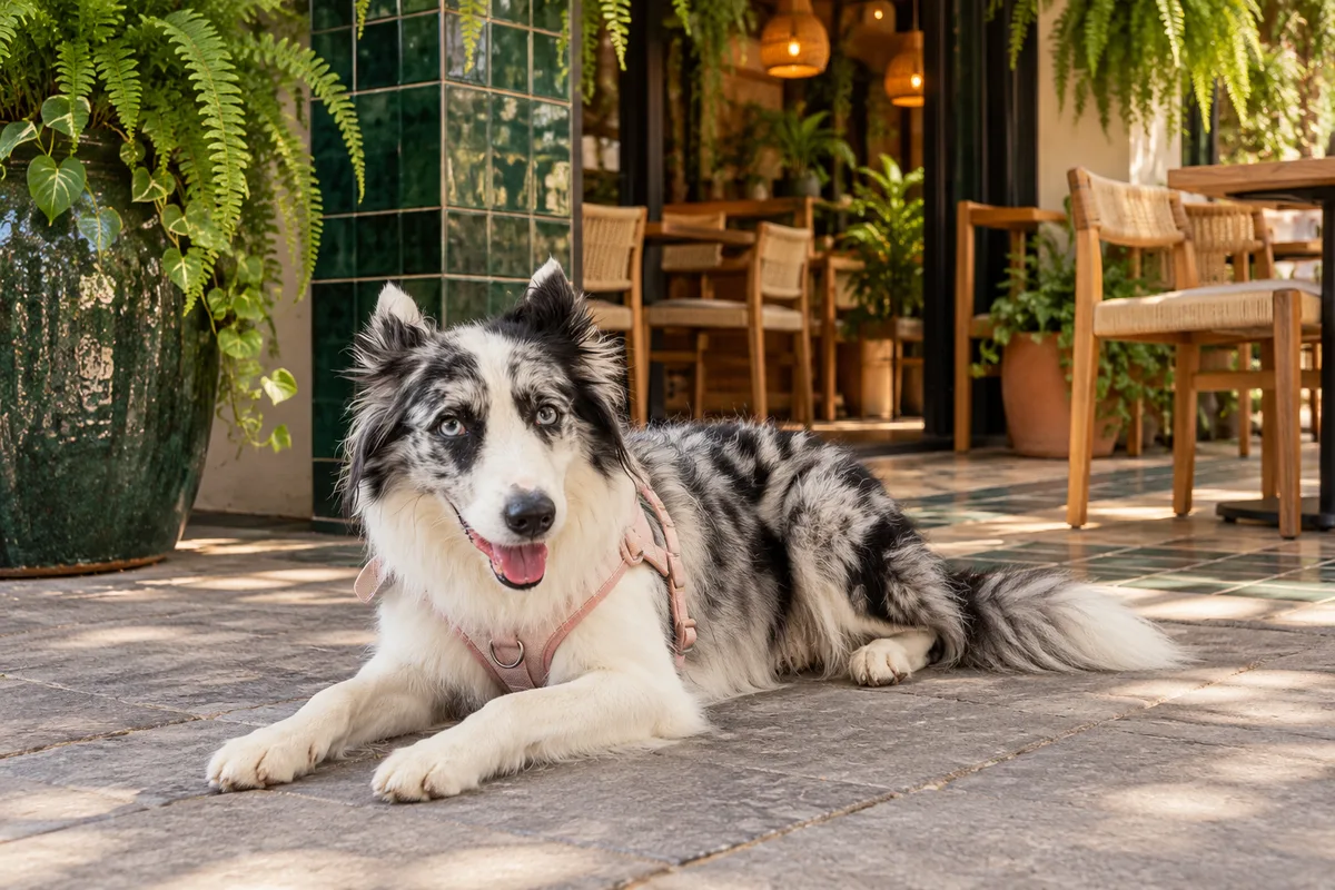 Recreación con IA de Avena, border collie blue merle, afuera de un acceso imaginado para la ficha de Alcalde.