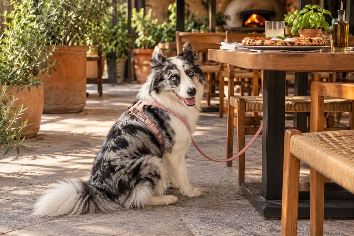 Recreación con IA de Avena, border collie blue merle, en una escena de restaurante para la ficha de Algún Lugar Pizzería.