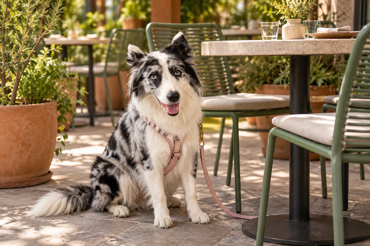 Recreación con IA de Avena, border collie blue merle, en una escena de restaurante para la ficha de Allium.