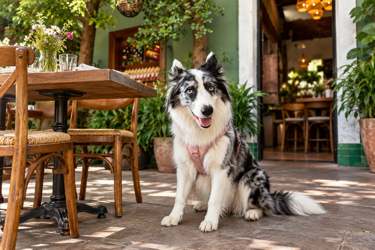 Recreación con IA de Avena, border collie blue merle, en una escena de restaurante para la ficha de Archipiélago Pizza.