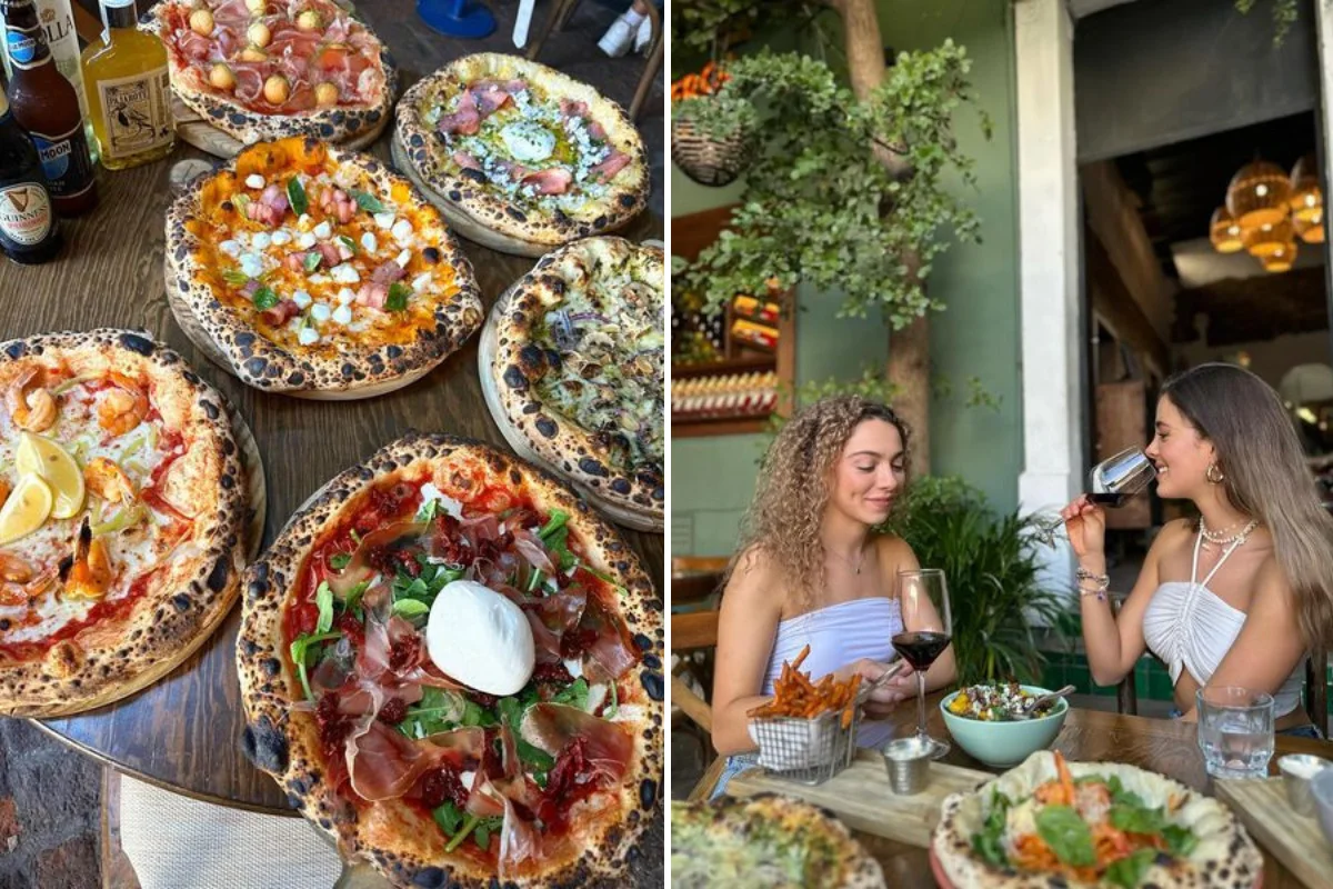 Díptico de Archipiélago Pizza con varias pizzas sobre una mesa y dos personas compartiendo comida y vino.
