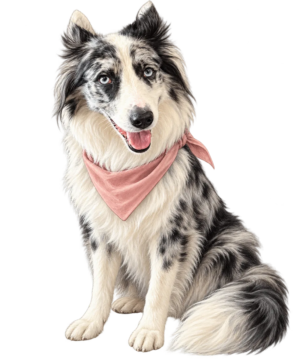 Avena, nuestra border collie de pelaje gris, negro y blanco, ojos claros y pañuelo rosa, ilustrada sentada.