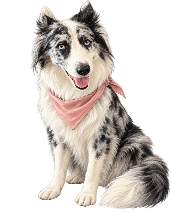 Avena, border collie de pelaje merlé y ojos claros, sentada con su pañuelo rosa.