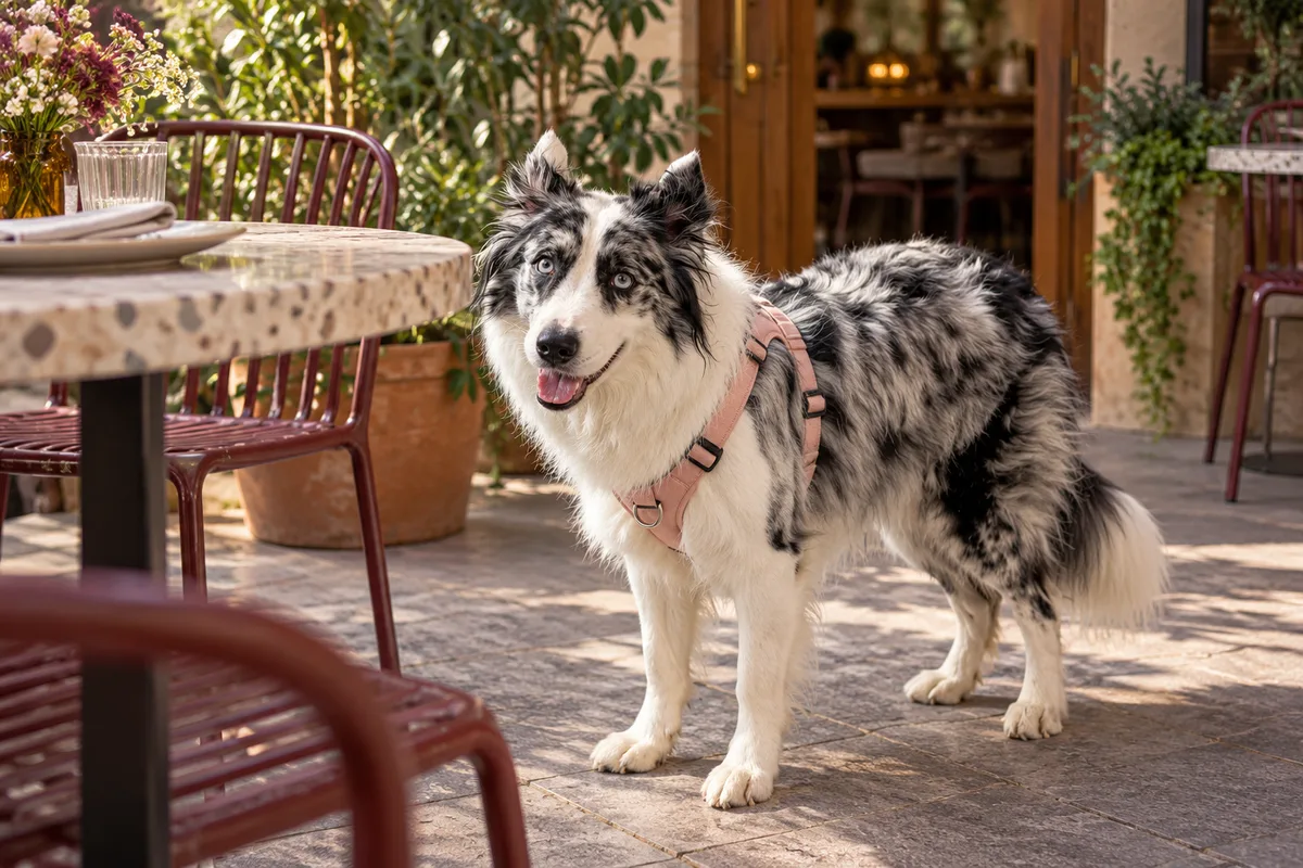Recreación con IA de Avena, border collie blue merle, en una escena de restaurante para la ficha de AXNO Bar.