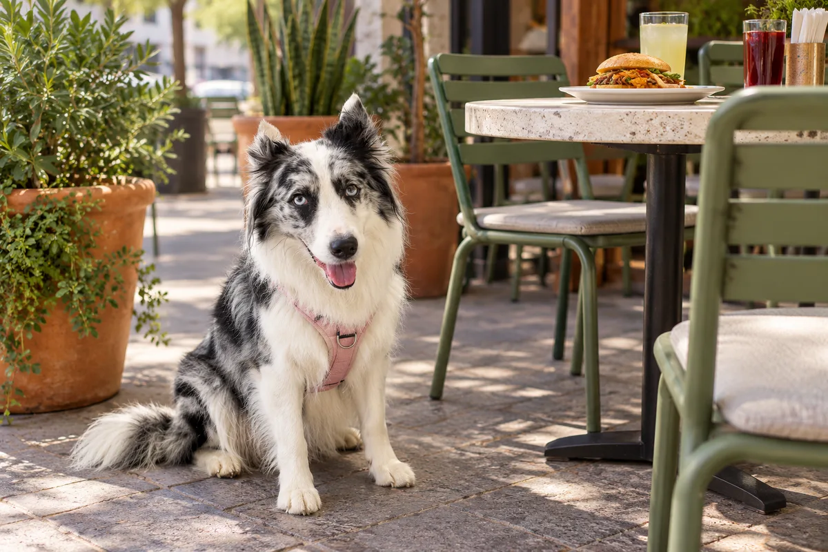 Recreación con IA de Avena, border collie blue merle, en una escena de restaurante para la ficha de Babuinos Lonchería.