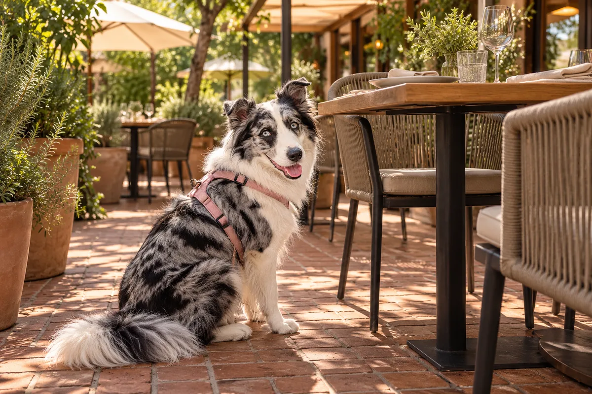 Recreación con IA de Avena, border collie blue merle, en una escena de restaurante para la ficha de Barolo 8C.
