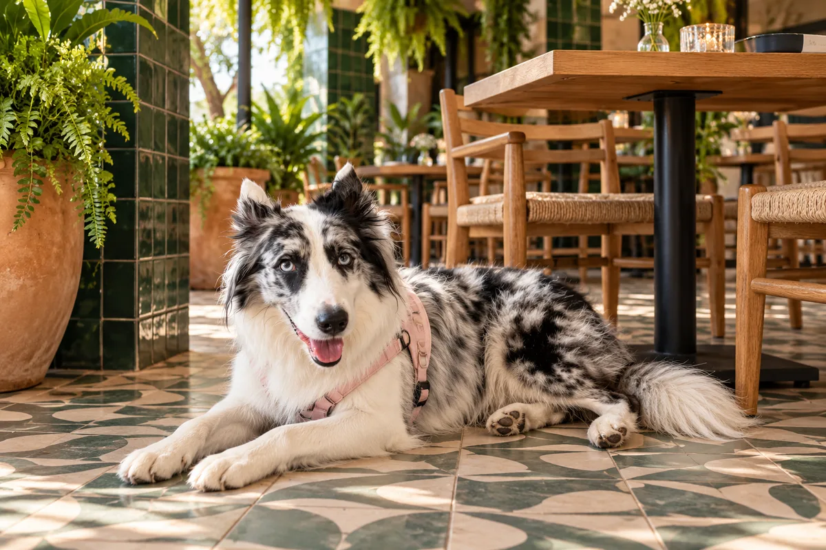 Recreación con IA de Avena, border collie blue merle, en una escena de restaurante para la ficha de Bienvenido Pariente.