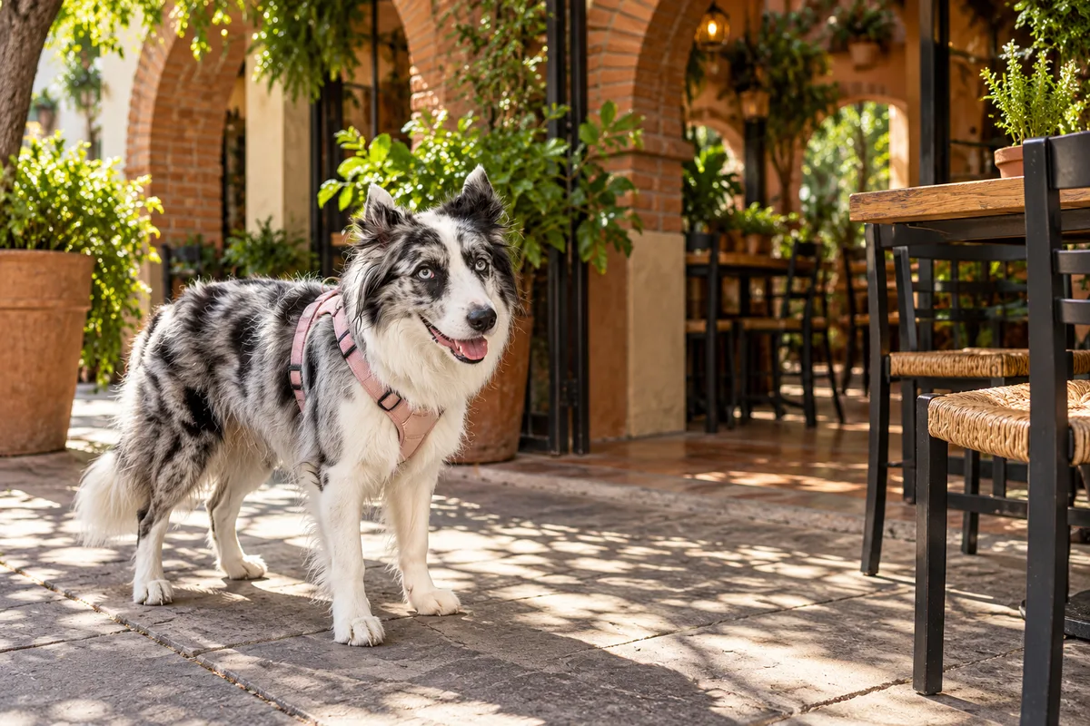 Recreación con IA de Avena, border collie blue merle, afuera de un acceso imaginado para la ficha de Birriería David.