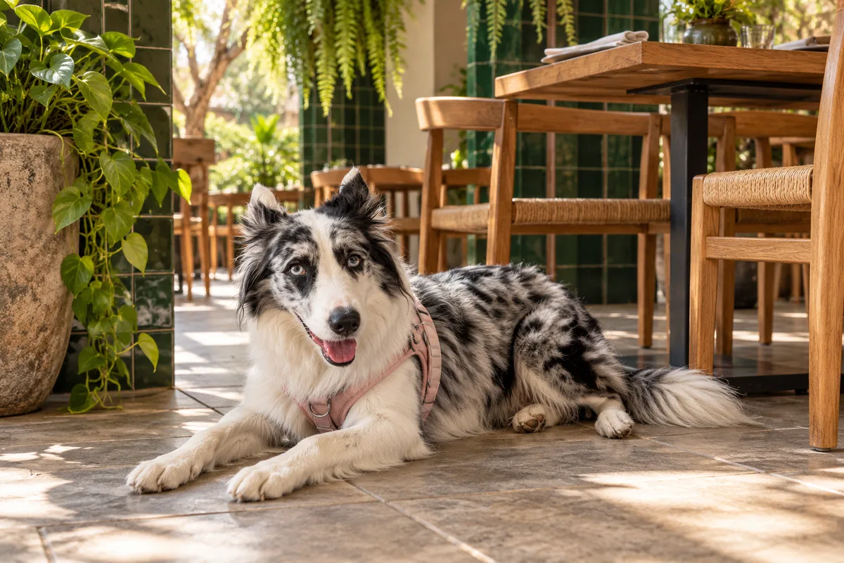Recreación con IA de Avena, border collie blue merle, en una escena de restaurante para la ficha de Black Radissh.