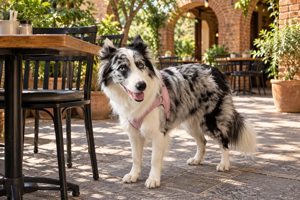 Recreación con IA de Avena, border collie blue merle, en una escena de restaurante para la ficha de Brick Lane Truck.