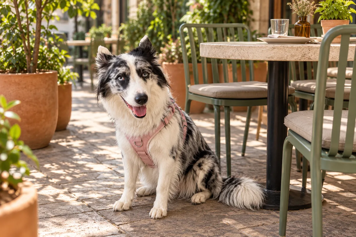 Recreación con IA de Avena, border collie blue merle, en una escena de restaurante para la ficha de Bruna.