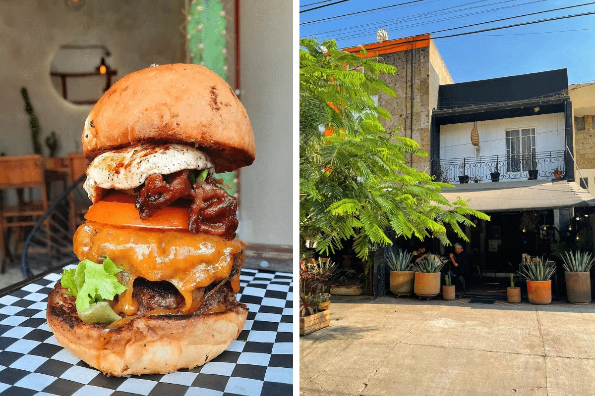 Hamburguesa y fachada con plantas de Burger Club en un collage de dos fotografías.