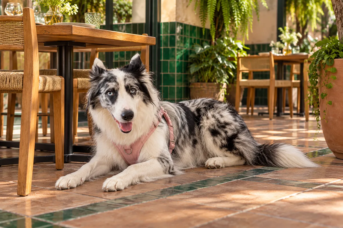 Recreación con IA de Avena, border collie blue merle, en una escena de restaurante para la ficha de Buscapié.