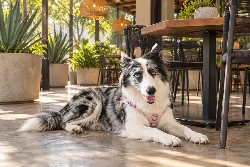 Recreación con IA de Avena, border collie blue merle, en una escena de restaurante para la ficha de Café Arte Sano.
