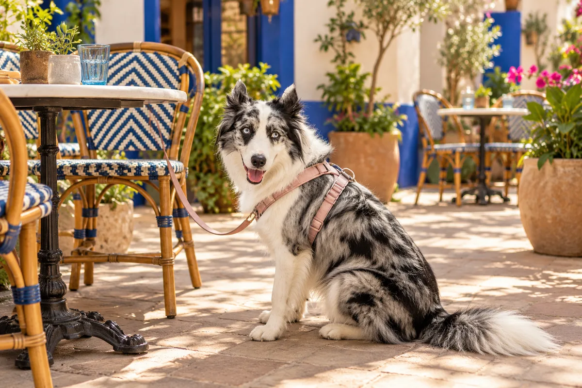 Recreación con IA de Avena, border collie blue merle, en una escena de restaurante para la ficha de Café Pía.