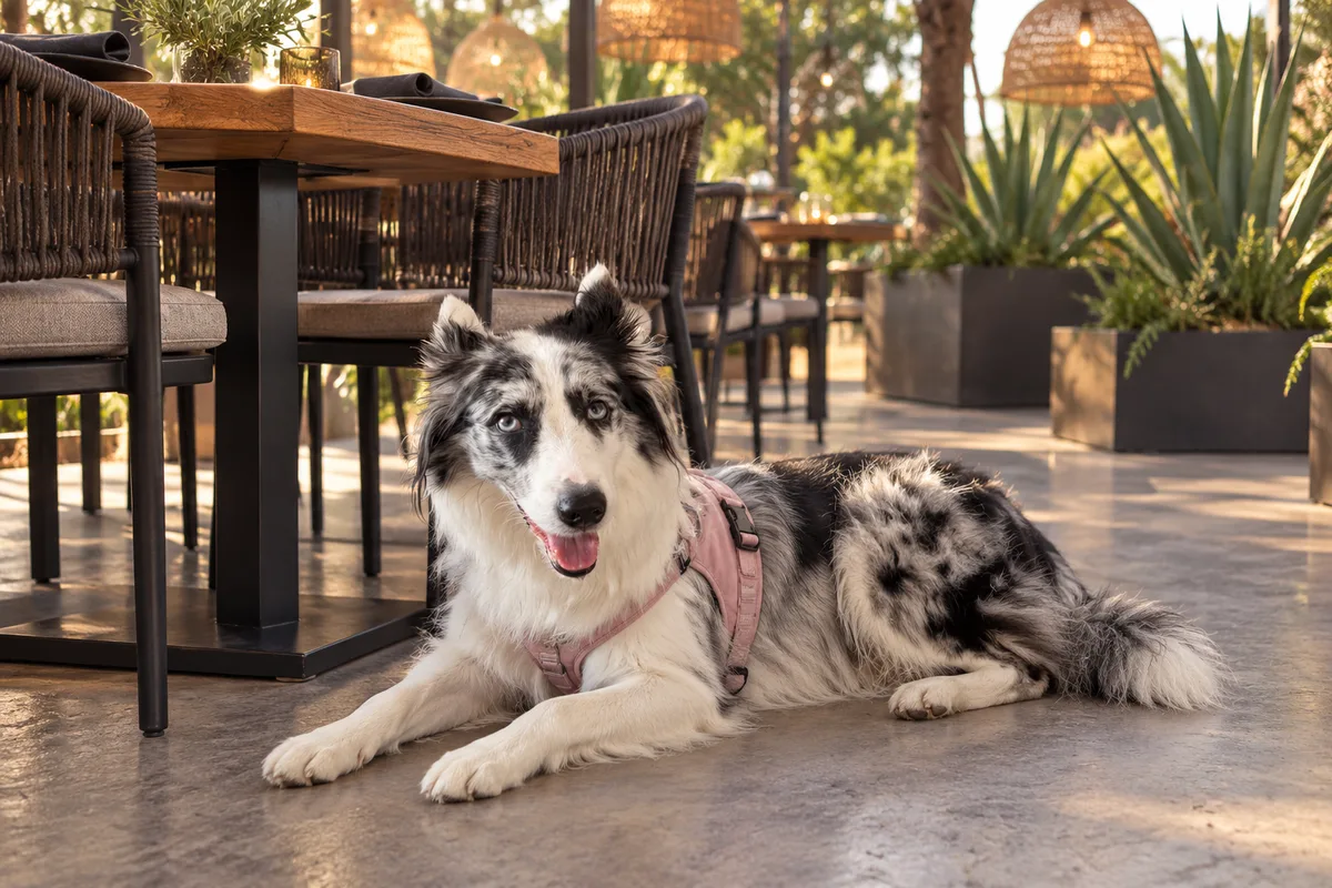 Recreación con IA de Avena, border collie blue merle, en una escena de restaurante para la ficha de Carbón Parrilla de Barrio.
