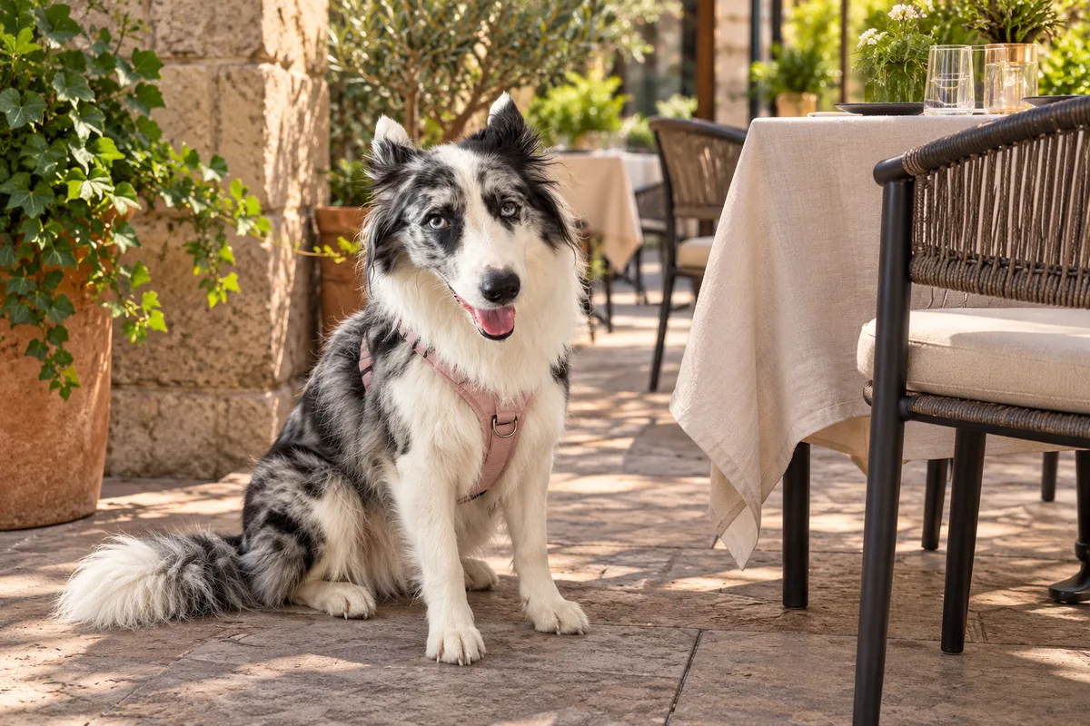 Recreación con IA de Avena, border collie blue merle, en una escena de restaurante para la ficha de Cerveza Zorra Bistro Pub.