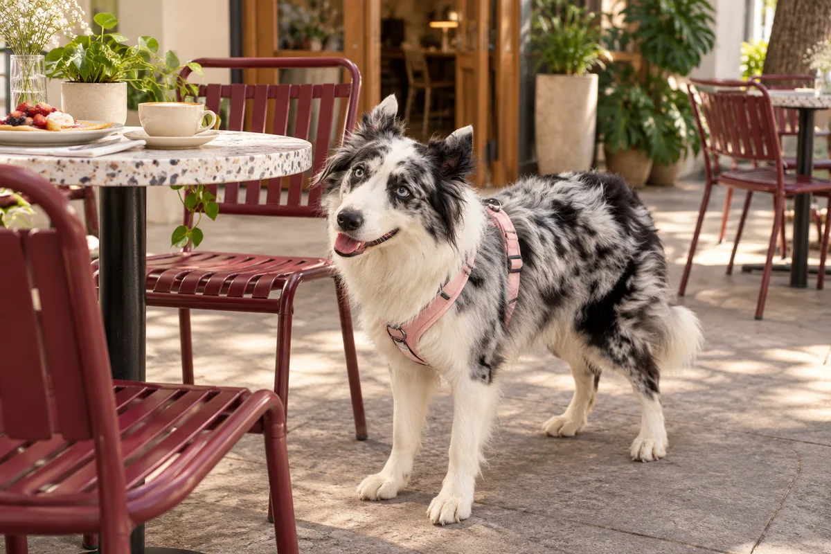 Recreación con IA de Avena, border collie blue merle, en una escena de restaurante para la ficha de Chask's 26.