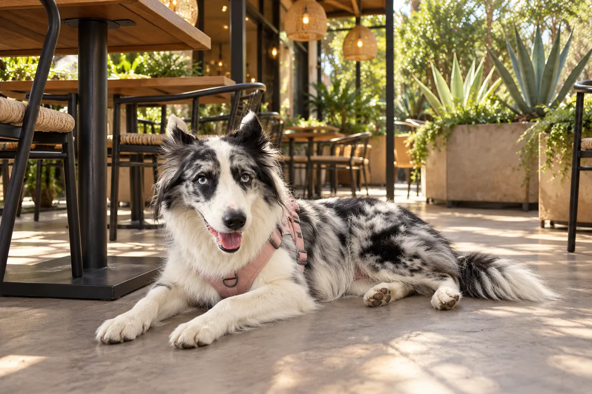 Recreación con IA de Avena, border collie blue merle, en una escena de restaurante para la ficha de Chicana.
