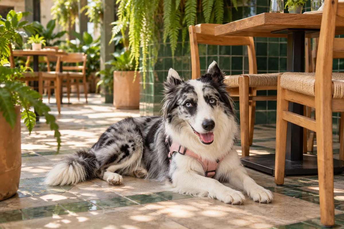 Recreación con IA de Avena, border collie blue merle, en una escena de restaurante para la ficha de Choclo y Maíz Cocina Vegana.