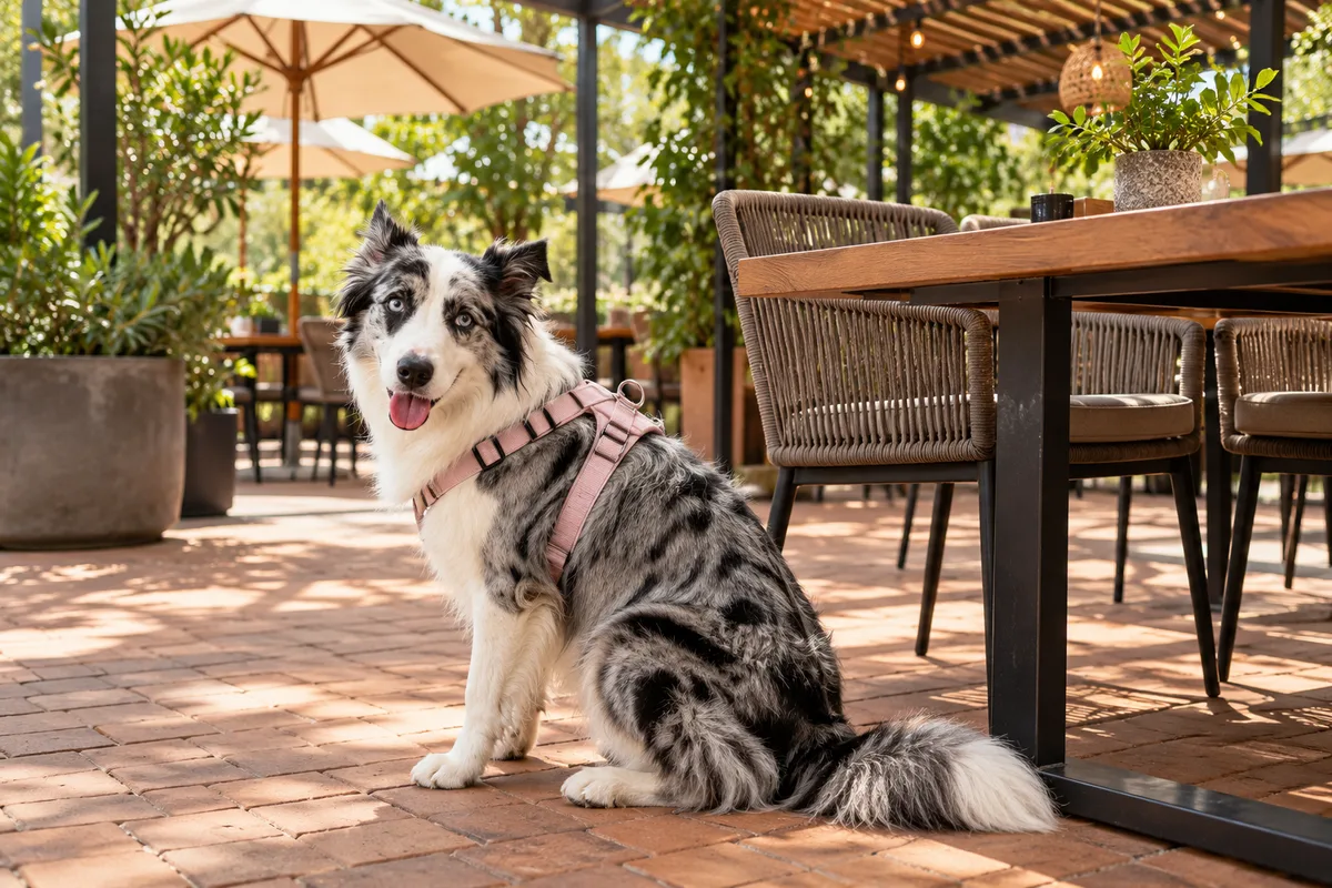 Recreación con IA de Avena, border collie blue merle, en una escena de restaurante para la ficha de Cocina Tres16.