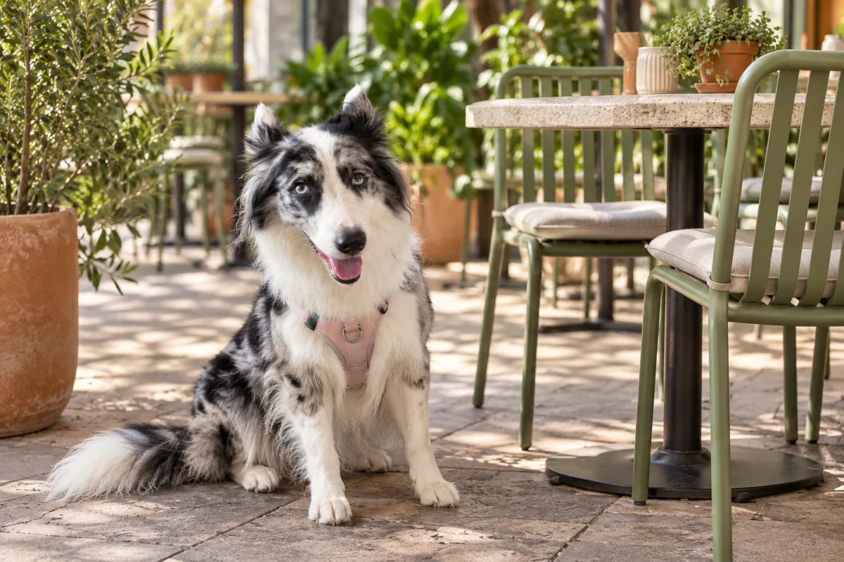 Recreación con IA de Avena, border collie blue merle, en una escena de restaurante para la ficha de Coffee & Pet’s Deli.