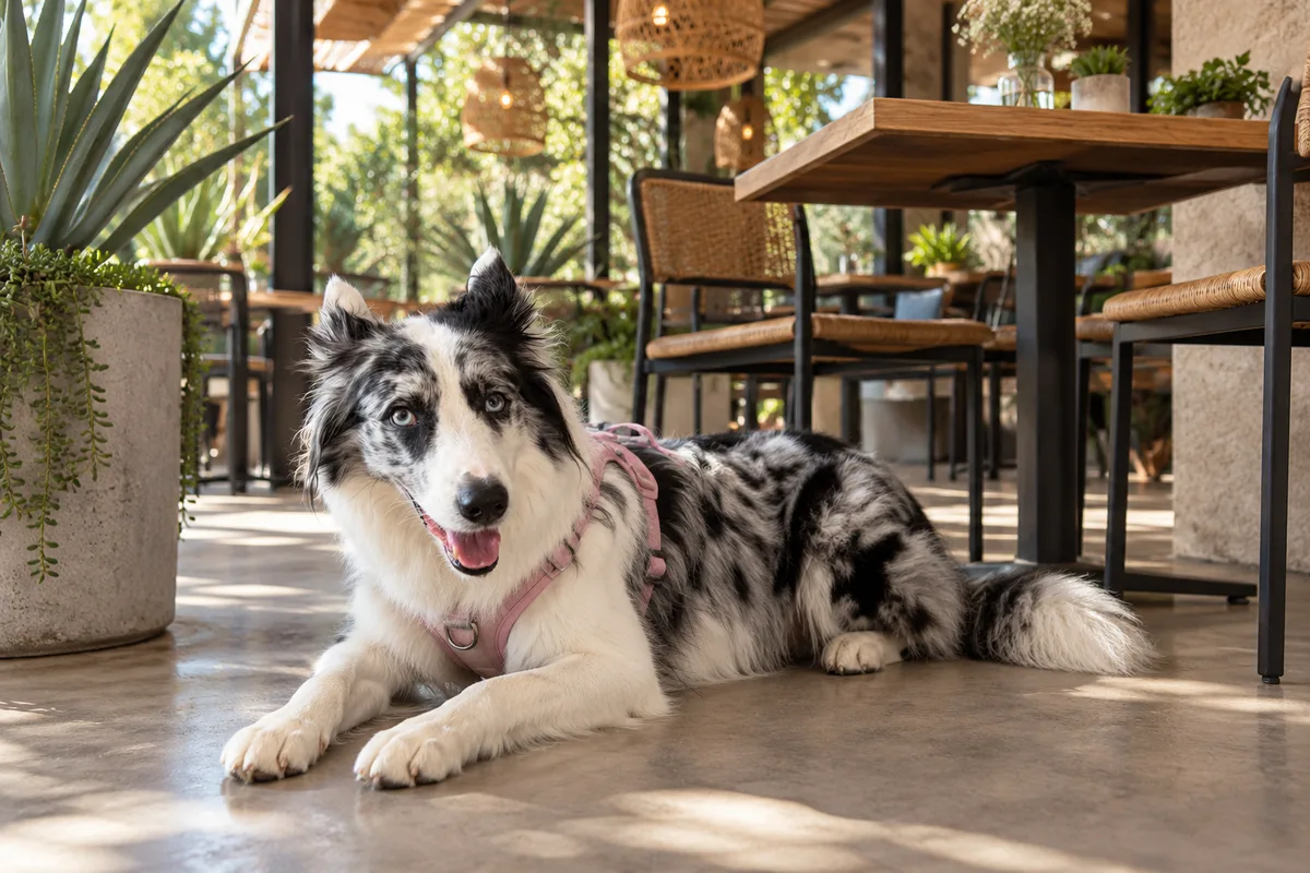 Recreación con IA de Avena, border collie blue merle, en una escena de restaurante para la ficha de Colectivo Aurelia.