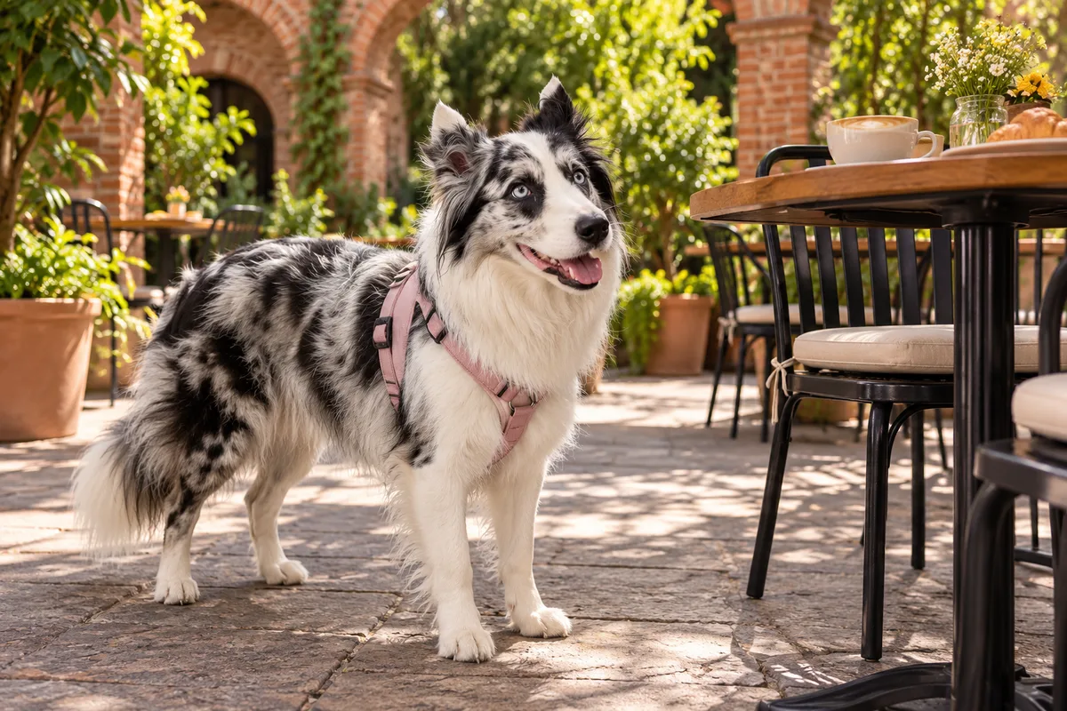 Recreación con IA de Avena, border collie blue merle, en una escena de restaurante para la ficha de Corgi con Leche.