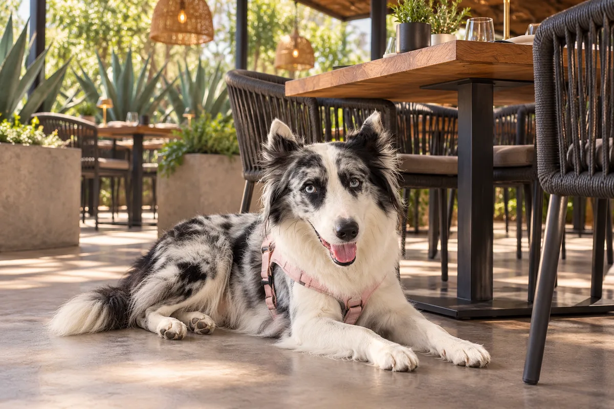 Recreación con IA de Avena, border collie blue merle, en una escena de restaurante para la ficha de Cortázar Parrilla Argentina.