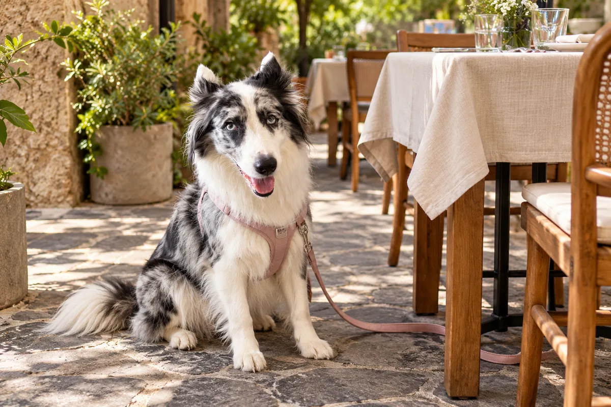 Recreación con IA de Avena, border collie blue merle, en una escena de restaurante para la ficha de Craft Tap Room.