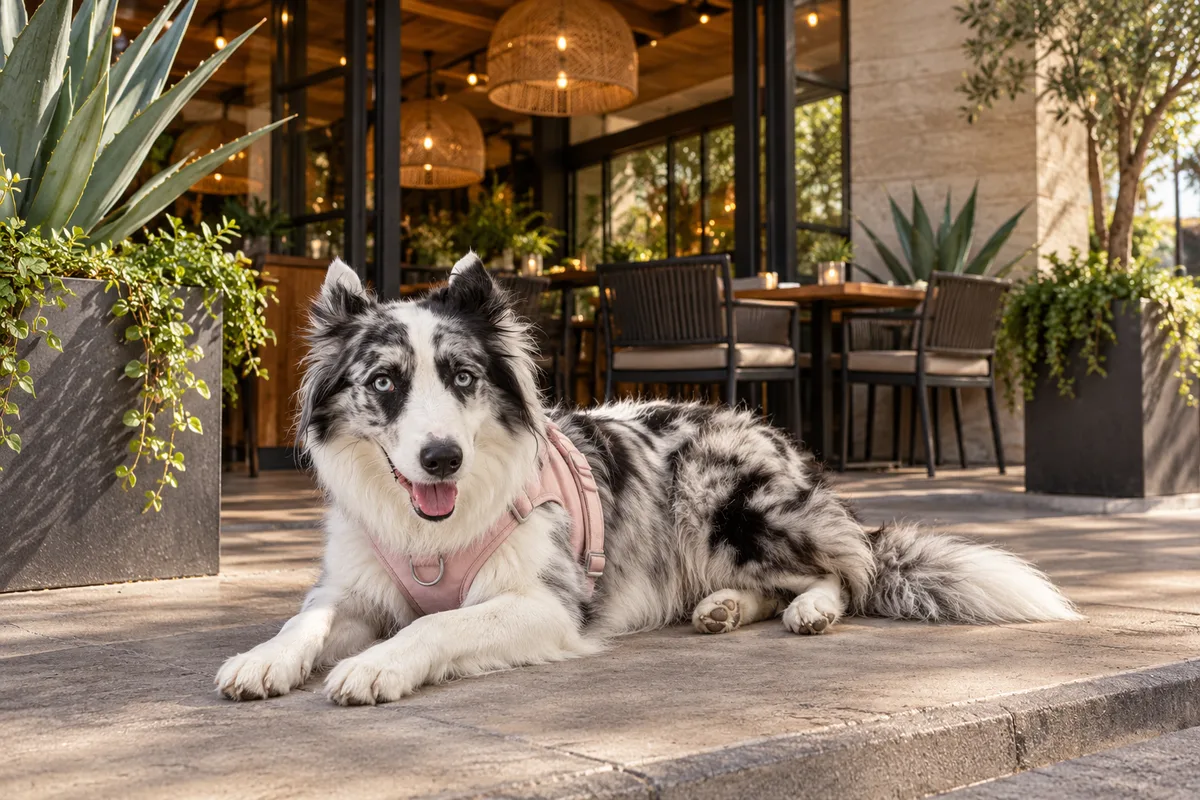 Recreación con IA de Avena, border collie blue merle, afuera de un acceso imaginado para la ficha de Cuerno Andares.