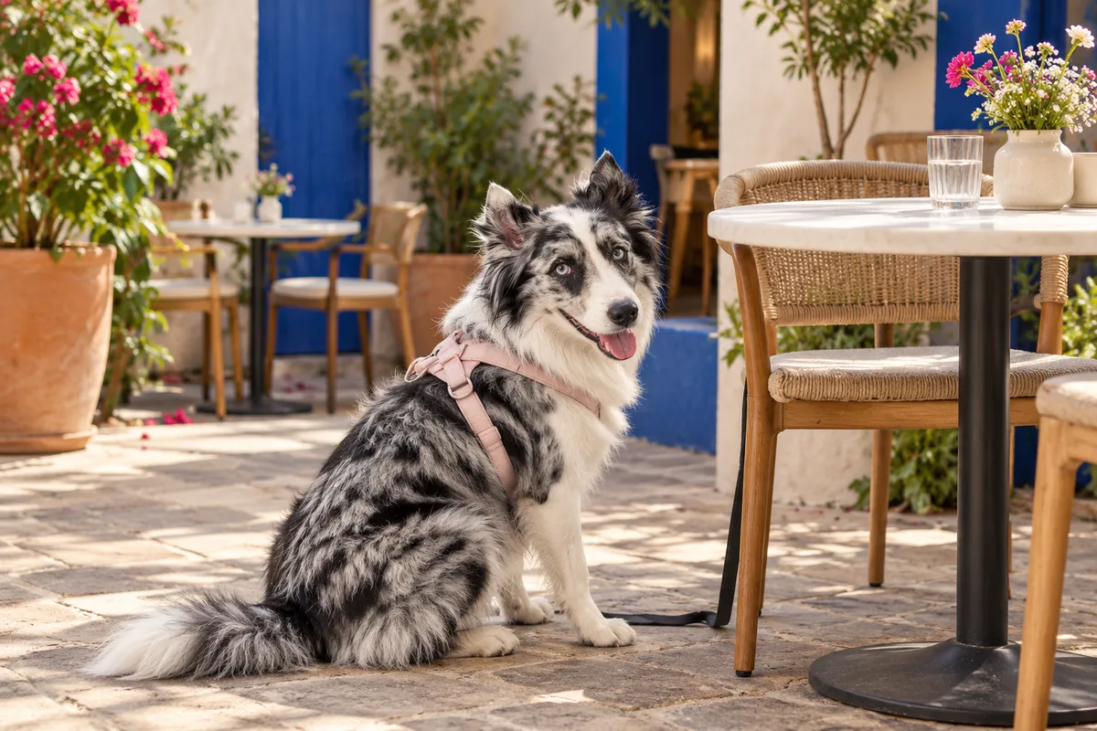 Recreación con IA de Avena, border collie blue merle, en una escena de restaurante para la ficha de Damiana Café y Libros.