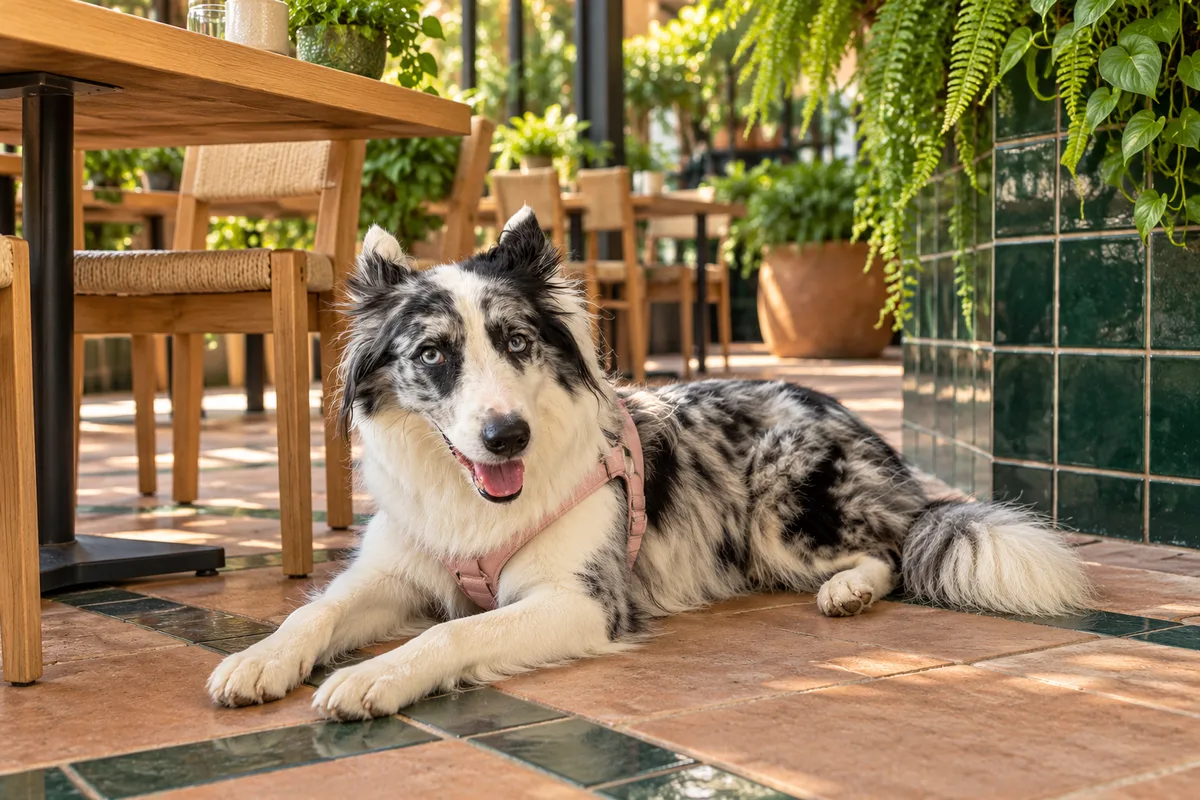 Recreación con IA de Avena, border collie blue merle, en una escena de restaurante para la ficha de Delitlán Tacos y Desayunos.