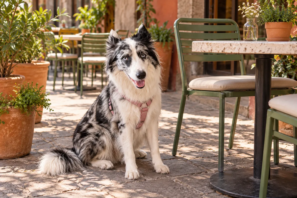 Recreación con IA de Avena, border collie blue merle, en una escena de restaurante para la ficha de Despídete Bonito.