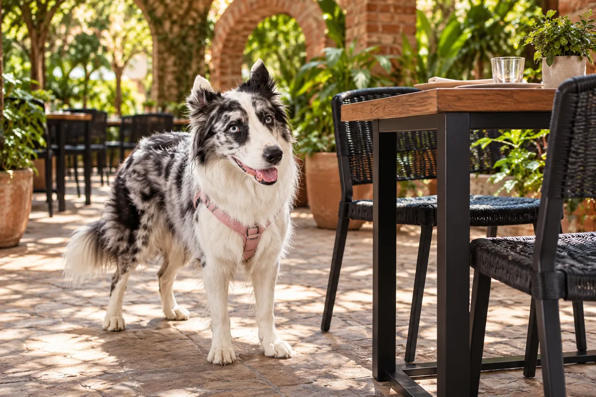 Recreación con IA de Avena, border collie blue merle, en una escena de restaurante para la ficha de Don Zarandeado Mariscos & Grill.