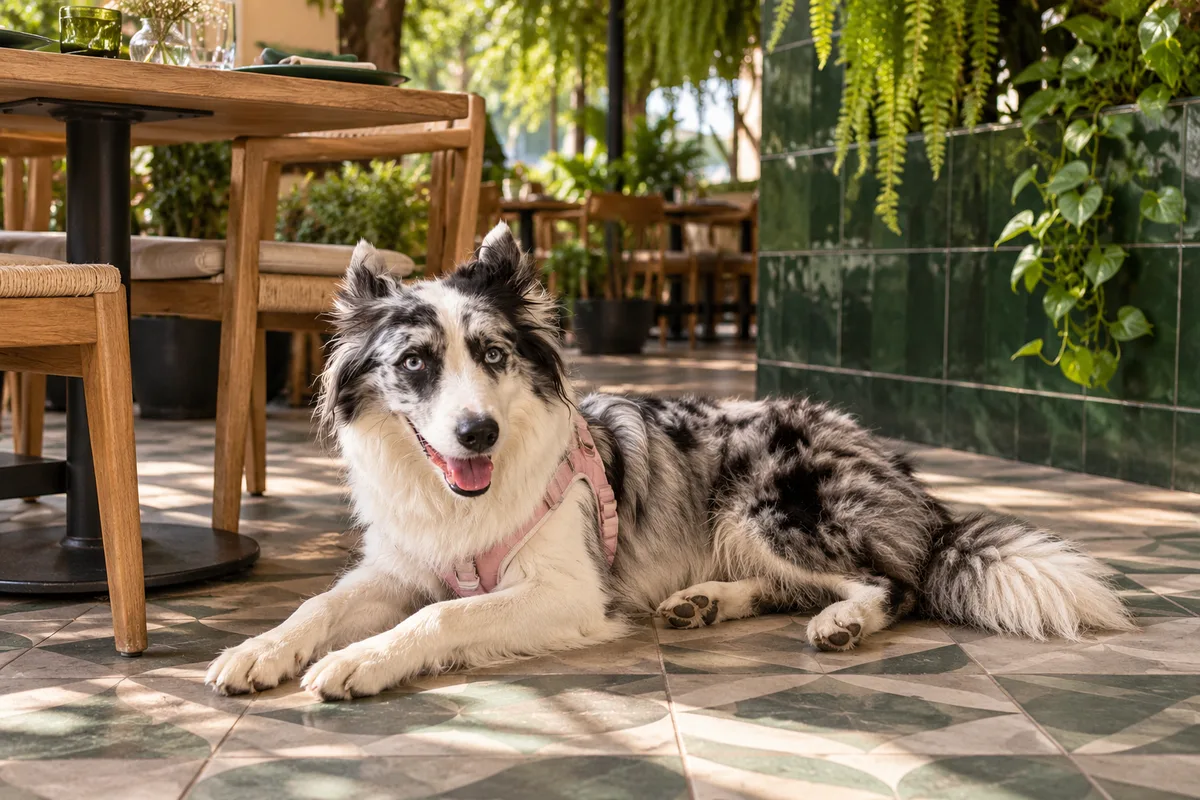 Recreación con IA de Avena, border collie blue merle, en una escena de restaurante para la ficha de El Maltés.