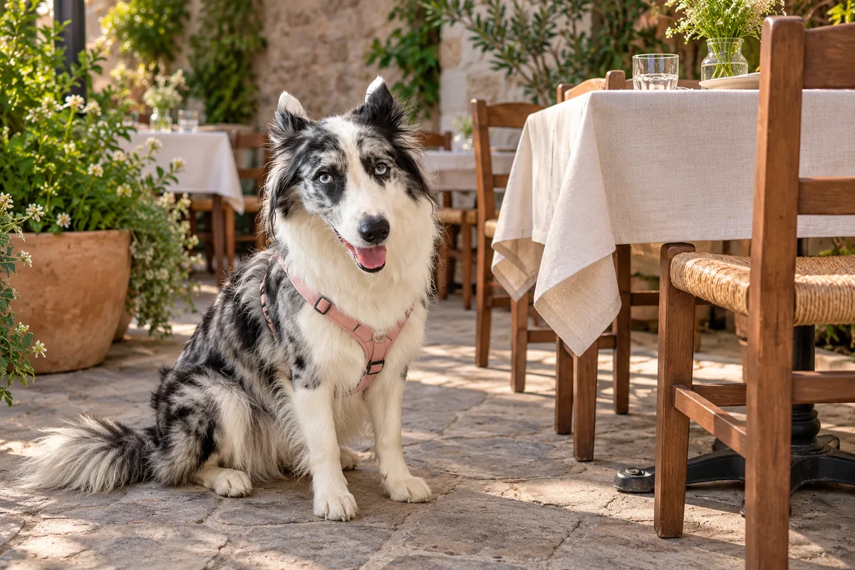 Recreación con IA de Avena, border collie blue merle, en una escena de restaurante para la ficha de El Particular Cocina Local.