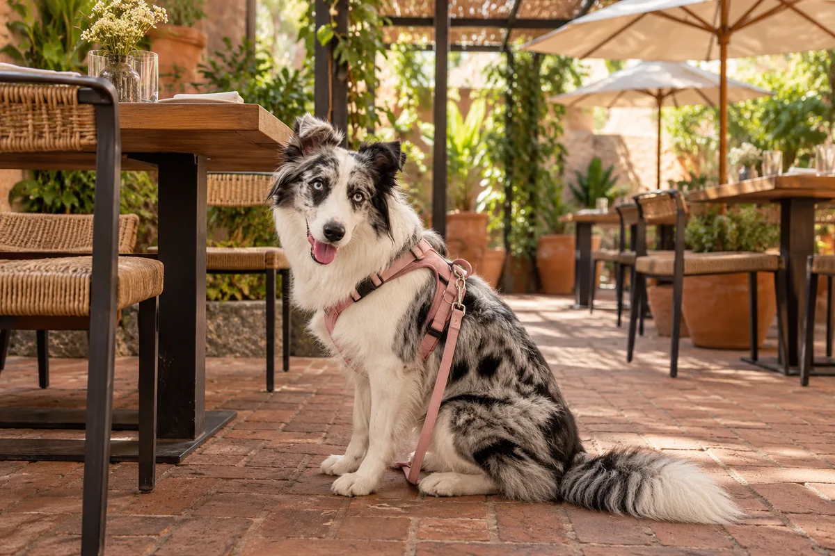 Recreación con IA de Avena, border collie blue merle, en una escena de restaurante para la ficha de El Patio Tlaquepaque.