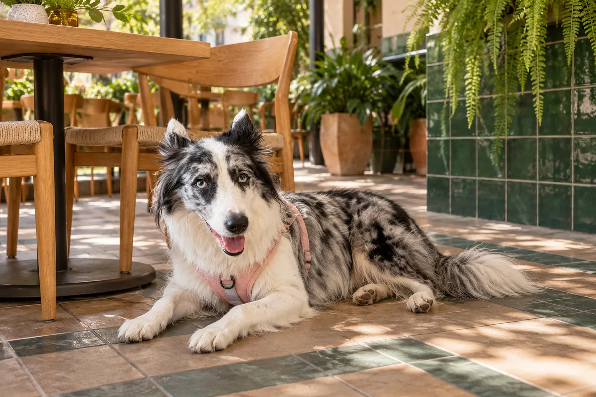Recreación con IA de Avena, border collie blue merle, en una escena de restaurante para la ficha de El Terrible Juan Café.