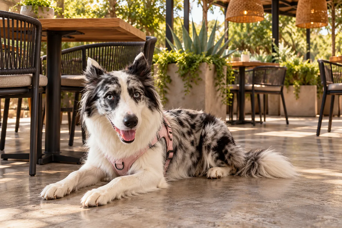 Recreación con IA de Avena, border collie blue merle, en una escena de restaurante para la ficha de Elefante Sabio Café.