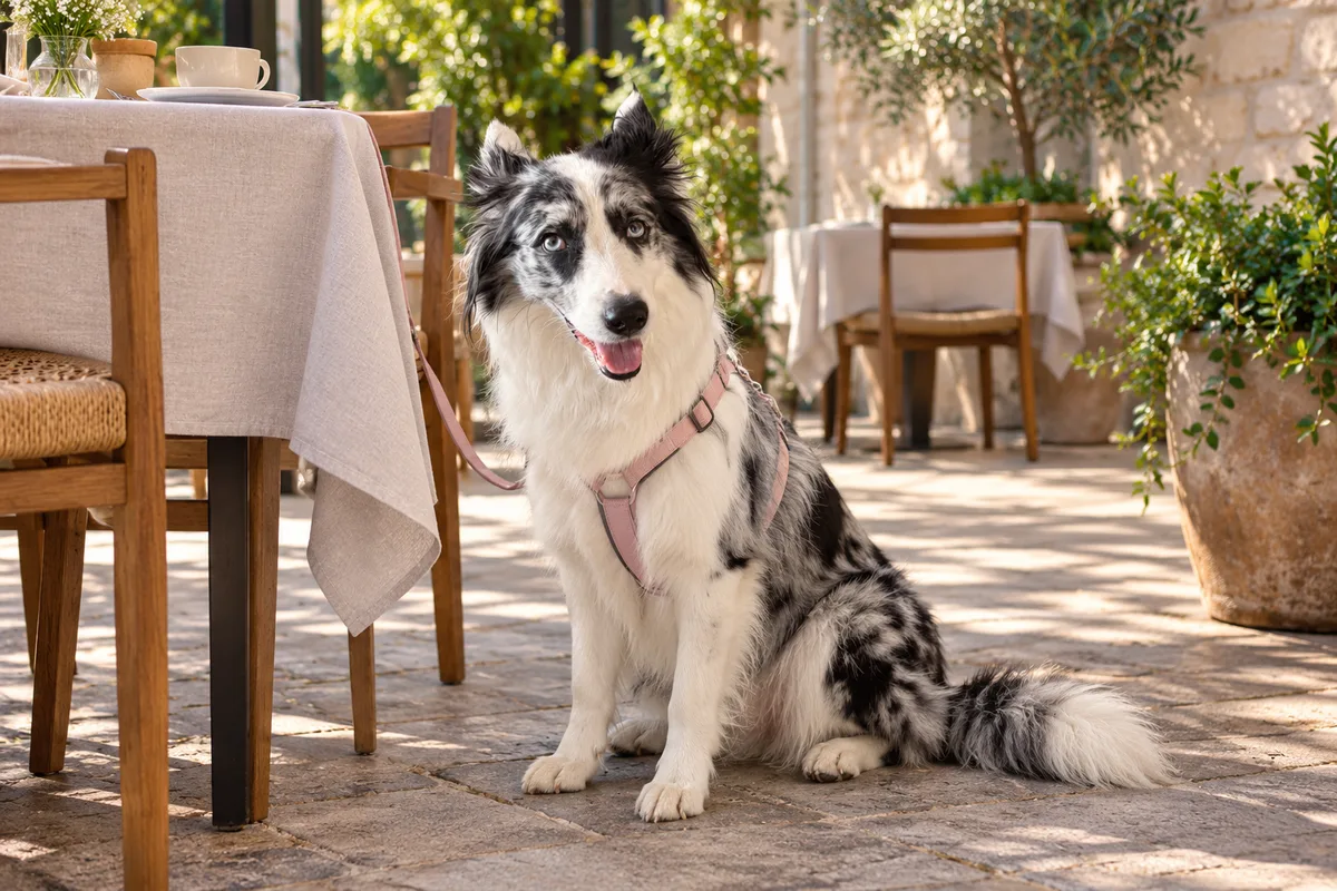 Recreación con IA de Avena, border collie blue merle, en una escena de restaurante para la ficha de En Punto. Barra de Café.
