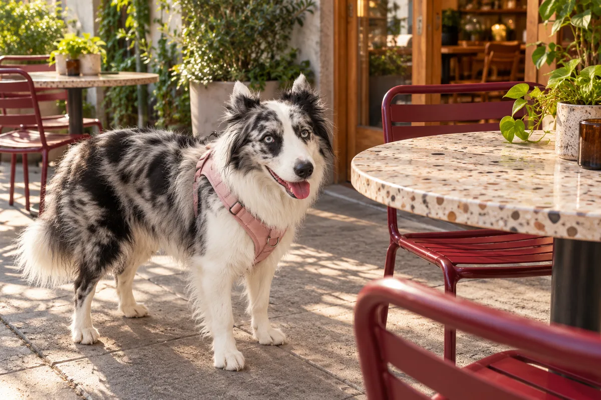Recreación con IA de Avena, border collie blue merle, en una escena de restaurante para la ficha de Espacio Abierto.