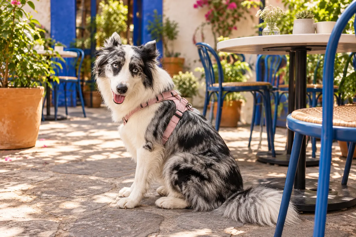Recreación con IA de Avena, border collie blue merle, en una escena de restaurante para la ficha de Fractal Cerveza y Café.