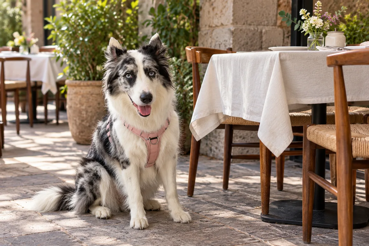 Recreación con IA de Avena, border collie blue merle, en una escena de restaurante para la ficha de Gabinete.