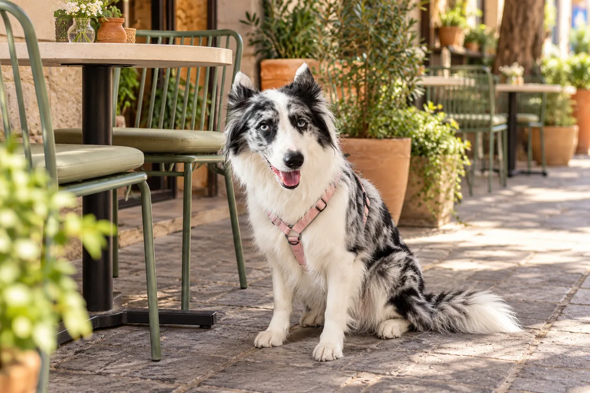 Recreación con IA de Avena, border collie blue merle, en una escena de restaurante para la ficha de Gallo y Toro Fonda.